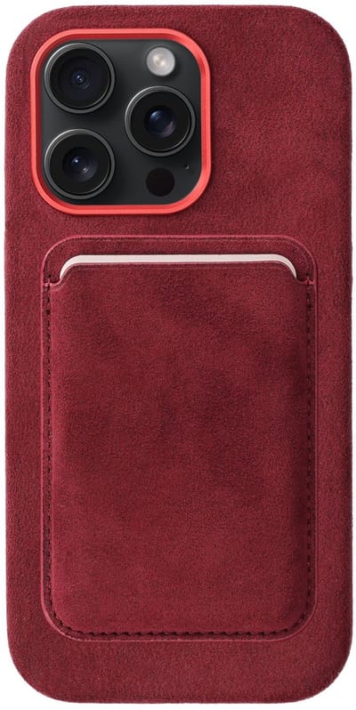 Rosso Avanti Hoesje Geschikt voor Apple iPhone 16 Pro met Magnetische Kaarthouder | Compatibel met MagSafe / Qi2 | Echt Italiaans Alcantara | Back Cover en Wallet | Burgundy