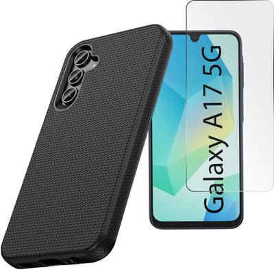 Hoesje en Glas Geschikt voor Samsung Galaxy A17 5G - Zwart - Casemania Anti Slip Matte Armor Back Cover met 1x Tempered Glazen Screenprotector
