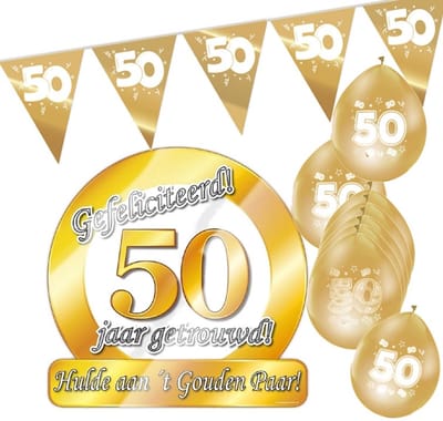 3 DELIG 50 jaar getrouwd XS - Jubileum pakket - feestartikelen gouden bruiloft.