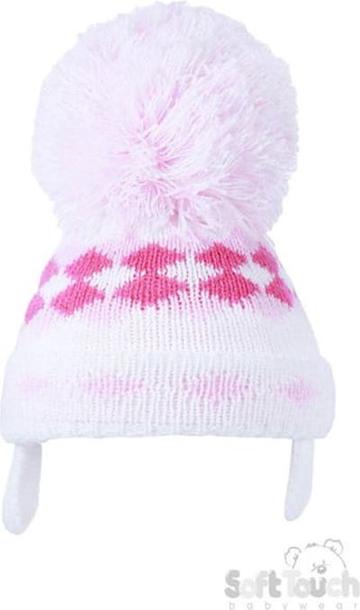 Soft Touch Babymuts Gebreid Met oorwarmers en Grote Pompom Meisje Acryl Roze Met Ruitjes Mt 1-2 Jaar H484-SM