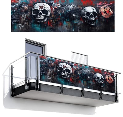 Balkonscherm 300x95 cm - Balkonposter Schedels - Graffiti - Abstract - Balkon scherm decoratie - Balkonschermen - Balkondoek zonnescherm