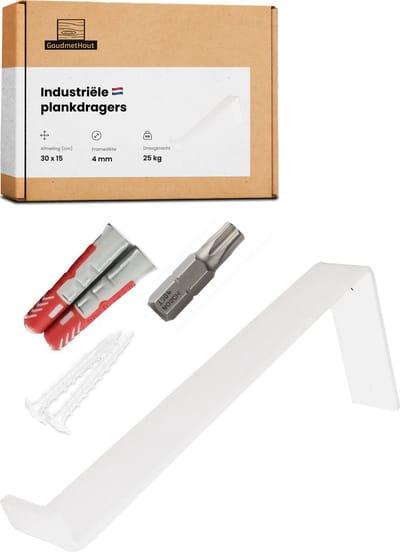 GoudmetHout® Industriële Plankdragers L-vorm - 30 cm - Stalen Plankdrager voor Wandschap, Muurrek of Wandconsole - Max 25 kg - 1 stuk - Mat Wit