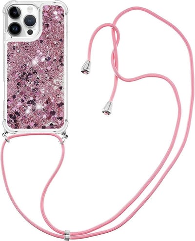 Coverup Hoesje - Geschikt voor iPhone 16 Pro Max Hoesje - Coverup Liquid Glitter Back Cover met Koord - Rose Gold