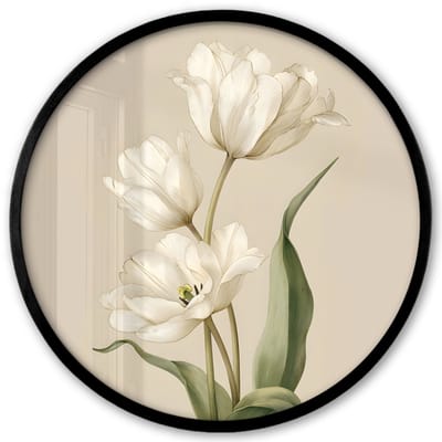 Poster in lijst Rond - Fotolijst 40x40 cm - Posters - Tulpen - Wit - Bladeren - Ronde posterlijst zwart - Decoratie - Wanddecoratie woonkamer - Muurdecoratie slaapkamer