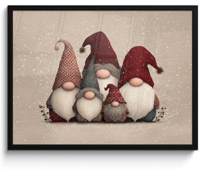 Poster in lijst - Fotolijst 80x60 cm - Posters - Kabouters - Kerst - Sneeuw - Puntmutsen - Posterlijst zwart - Decoratie - Wanddecoratie woonkamer - Muurdecoratie slaapkamer - Kerstversiering - Kerstdecoratie voor binnen - Kerstmis