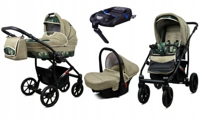 BabyLux® Kinderwagen 4in1 – LARGO - FERN LEAF BLACK FRAME - Opklapbare Wandelwagen incl. Reiswieg, Multifunctionele Buggy Sportstoel, Autostoel, ISOFIX basisstation - Combi-kinderwagen met Luiertas, Regenhoes, Klamboe