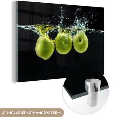 MuchoWow® Glasschilderij 150x100 cm - Schilderij acrylglas - Appels - Fruit - Water - Zwart - Groen - Foto op glas - Schilderijen