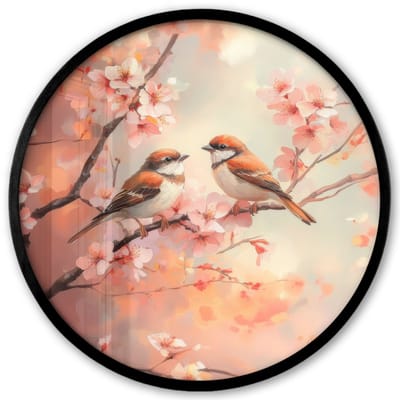 Poster in lijst Rond - Fotolijst 40x40 cm - Posters - Vogels - Romantic - Bloesemtak - Ronde posterlijst zwart - Decoratie - Wanddecoratie woonkamer - Muurdecoratie slaapkamer