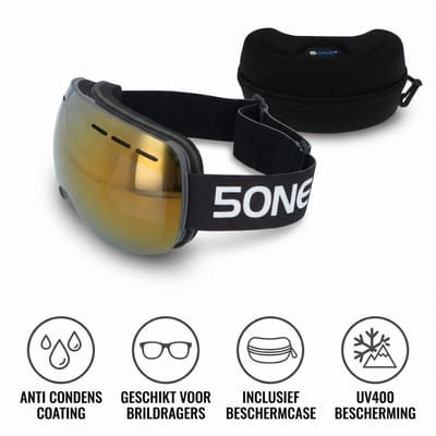 5one® Alpine 1 Bronze-Gold anti-condens Skibril met hardcase - Zwart frame
