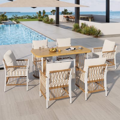 Eettafel en stoelenset - Modern buiten eettafel - Tuin eettafel en stoelenset - Inclusief zitkussen - Geschikt voor 6 personen - Buitenactiviteiten en bijeenkomsten - Beige