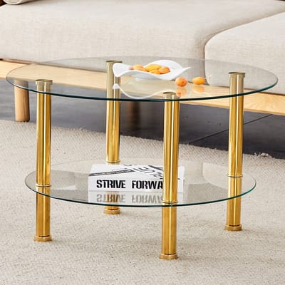 Sweiko Salontafel - Glazen tafelblad - Metalen poten - Ronde bijzettafel - Ontwerp met 2 niveaus - Gouden