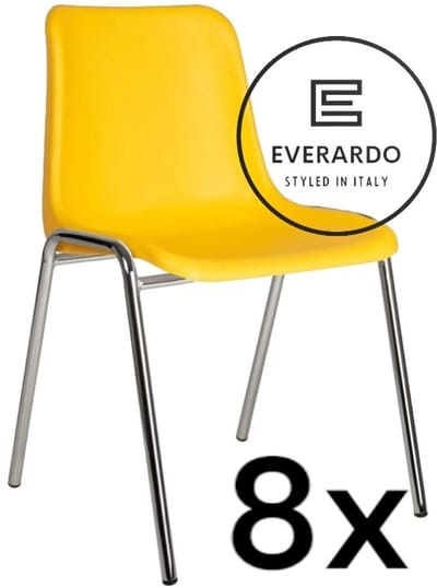 King of Chairs -set van 8- model KoC Everardo geel met verchroomd onderstel. Kantinestoel stapelstoel kuipstoel vergaderstoel tuinstoel kantine stoel stapel kantinestoelen stapelstoelen kuipstoelen stapelbare keukenstoel Helene eetkamerstoel