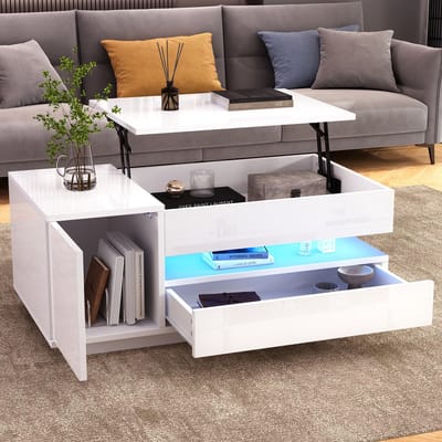 DESMIU Salontafel - Hoogglans Liftfunctie Met Led Verlichting En Opbergruimte - Woonkamer En Werkhoek - Spaanplaat - Wit - 95x50x34,5 Cm