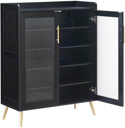 Schoenenkast 5 Lagen met Fluted Glazen Deur - 79x35x117cm - Schoenenrek Vrijstaand - Schoenenmeubel - Verstelbare Planken - Modern - Voor Hal Woonkamer Slaapkamer - Zwart