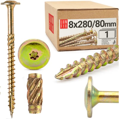 LUN FIX - Tellerkopfschroeven 8x280 - 1 stuk - TX40 Torx - Tellerkop met freestrips - Houtschroeven