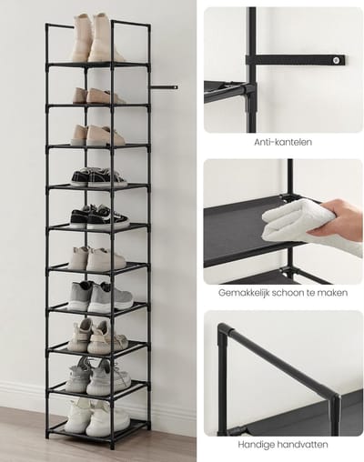 Candala Schoenenrek, 10 niveaus, schoenenrek, schoenenopberger, smal, 33 x 33 x 173 cm, metalen frame, planken van vliesstof, voor hal, slaapkamer, zwart LSR110B02