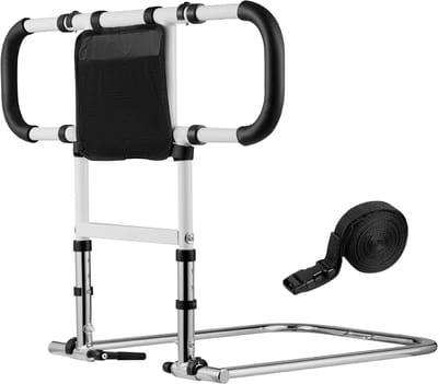 Vouwbare & Instelbare Bedside Assistentiestaaf Met Zijhandvatten en PU Greep, Hoogte-Aanpasbare Koolstofstaal Bedrail voor Ouderen, Compatibel Met King, Queen, Full en Twin Bedden