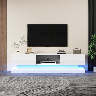KOMHTOM TV Meubel 160x35x40,5 cm TV-tafel met LED-verlichting 2 lades Anti-kantel ontwerp voor 60'' TV Hoogglans Wit