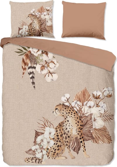 Good Morning dekbedovertrek tijger en bloemen - 2 persoons 200x200/220 cm - Zand - 100% Katoen flanel