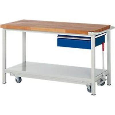 Werkbank serie 8001, verrijdbaar, neerlaatbaar, schuiflade, B 1500 x D 700 x H 880 mm