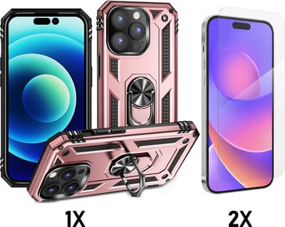 Casemania Hoesje Geschikt voor Apple iPhone 14 Pro - Rosegoud / 2X Glazen Screenprotector - Anti-Shock Hybrid Armor Back Cover - Hoes met Kickstand Ring
