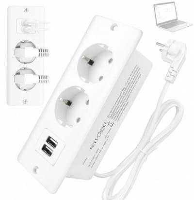4-in-1-stopcontact - Wit - 2 stopcontacten, 2 USB A-poorten - 1,5 m kabel - Duurzaam en met meerdere beschermingen - Verborgen montageontwerp voor thuiskantoren, restaurants en hotels