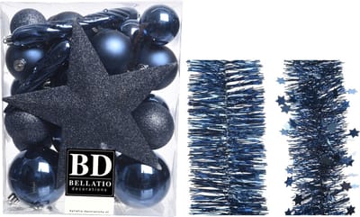 Kerstversiering kunststof kerstballen 5-6-8 cm met ster piek en folieslingers pakket donkerblauw 35x stuks - Kerstboomversiering