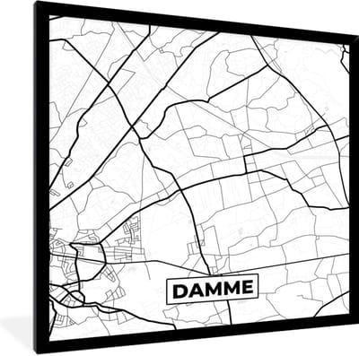 Fotolijst incl. Poster Zwart Wit- België – Damme – Stadskaart – Kaart – Zwart Wit – Plattegrond - 40x40 cm - Posterlijst