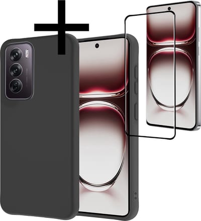 Hoesje - Met Screenprotector - Geschikt voor OPPO Reno 12 - Sterk & Shockproof - Back Cover - Siliconen Case - Telefoon Hoes - Zwart
