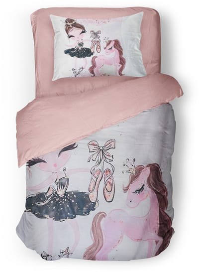 Eleganzzz Kinder Dekbedovertrek Ballet Girl Horse - Ballerina & Eenhoorn - Pink - 140x200/220cm - Dekbedovertrek Kinderen - Micropercal - Eenpersoons