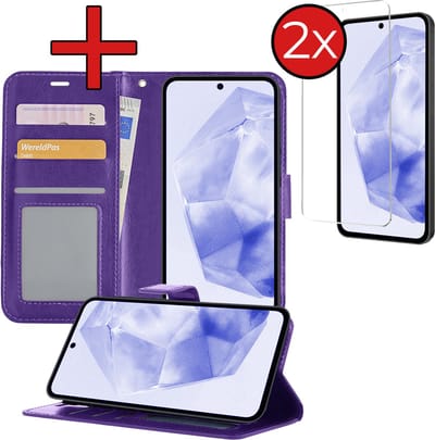 Hoesje - Met 2x Screenprotector - Geschikt voor Samsung Galaxy A35 - Luxe Pasjeshouder - Flip Case - Bookcase Portemonee - Kunstleer Book Case - Flipcase Hoes - Book Cover - Walletcase - Portemonneehoes - Telefoonhoes - Paars