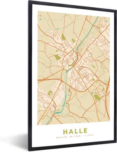 Fotolijst incl. Poster - België - Kaart - Plattegrond - Stadskaart - Halle - 40x60 cm - Posterlijst