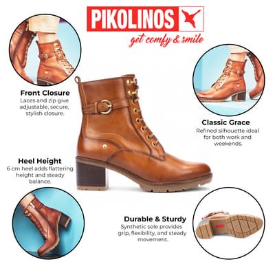 Pikolinos dames brandy bruine leren enkellaarsjes met middelhoge hak - Llanes
