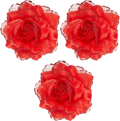 Rode roos haarbloem - 3x - Hawaii thema haarbloemen - Carnaval/verkleed artikelen