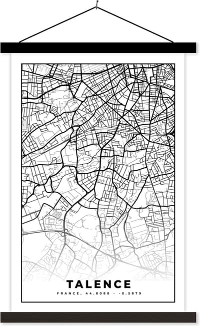 Posterhanger incl. Poster 40x60 cm - Schoolplaat - Talence - Kaart - Plattegrond - Frankrijk - Stadskaart - Zwart wit - Textielposter - Zwarte latten - Stadskaart
