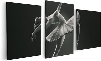 Artaza Canvas Schilderij Drieluik Ballerina op Haar Tenen - Ballet - Zwart Wit - 120x60 cm - Wanddecoratie Woonkamer - Schilderijen - Muurdecoratie
