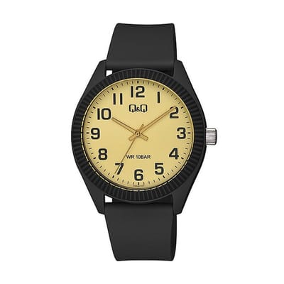 Q&Q V12A-011VY - Horloge - Sport - Analoog - Unisex - Plastic band - Rond - Kunststof - Cijfers - Zwart - Geel - 10 ATM