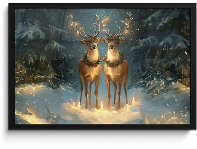 Poster in lijst - Fotolijst 60x40 cm - Posters - Dennensprookje - Rendier - Nacht - Posterlijst zwart - Decoratie - Wanddecoratie woonkamer - Muurdecoratie slaapkamer