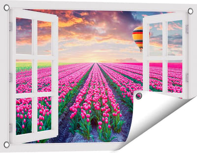 Gards Tuinposter Doorkijk Bloemenveld met Roze Tulpen - Luchtballon - 60x40 cm - Tuindoek - Tuindecoratie - Wanddecoratie buiten - Tuinschilderij