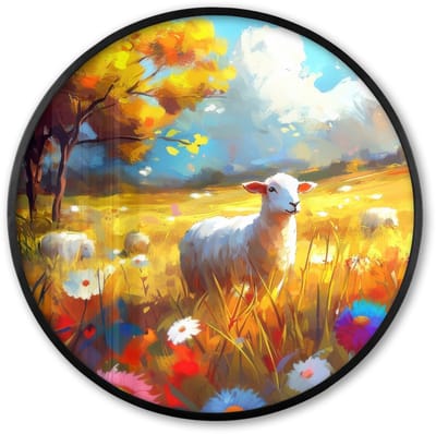 Poster in lijst Rond - Fotolijst 60x60 cm - Posters - Schaap - Weide - Bloemen - Ronde posterlijst zwart - Decoratie - Wanddecoratie woonkamer - Muurdecoratie slaapkamer