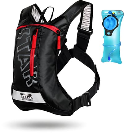 CarryQuest® - Ridder Lichtgewicht Hardlooprugzak + 2L Waterzak - Oxford/Polyester Hydratierugzak met Drinksysteem, Rugventilatie, Ergonomische Schouderbanden & Front-/Toploader - 35x17x8 cm - Zwart