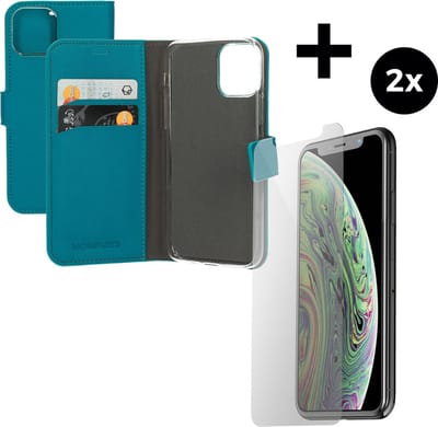 Mobiparts Saffiano Wallet hoesje geschikt voor Apple iPhone 11 Pro met 2 Screenprotectors van Gehard Glas - Blauw/Turquoise