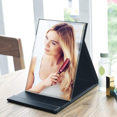 longziming -Opvouwbare Reisspiegel 25x18 cm – Draagbare Tafelspiegel met Verstelbare Hoek – Luxe HD Make-up Spiegel met PU-Leren Omslag – Compacte Schminkspiegel voor Thuis, Reizen en Cosmetica