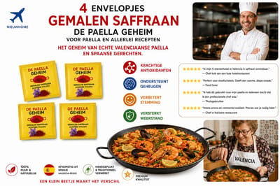 4 ENVELOPJES GEMALEN SAFFRAAN DE PAELLA GEHEIM VOOR PAELLA EN ALLERLEI RECEPTEN, HET GEHEIM VAN ECHTE VALENCIAANSE PAELLA EN SPAANSE GERECHTEN. KRACHTIGE ANTIOXIDANTEN, ONDERSTEUNT GEHEUGEN, VERBETERT STEMMING, VERSTERKT WEERSTAND.