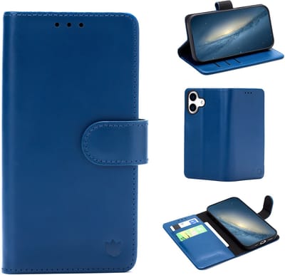 Casemania Echt Leren Hoesje Geschikt voor Apple iPhone 17 - Navy Blue - Leer Book Cover - Portemonnee Telefoonhoesje met Pasjeshouder