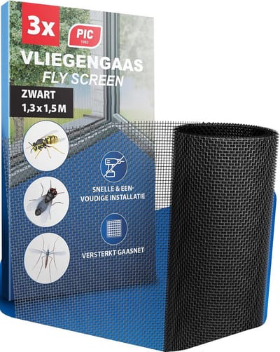 Raamhor Set - Vliegenhor Raam - Insecten Buiten Houden - Zonder Boren Bevestigen - 3 x 130x150cm - Zwart