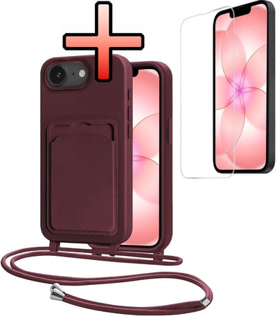 Hoes Geschikt voor iPhone 17e Met Telefoonkoord Met Screenprotector - Siliconen Hoesje Backcover Met Ketting - Aubergine