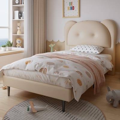 Intebiki -kinderbed - eenpersoonsbed 90x200 - Met een schattig hoofdeinde in de vorm van een dier en een stevig lattenbodem - peuterbed - Gemaakt van kunstleer - Beige - Matras niet inbegrepen