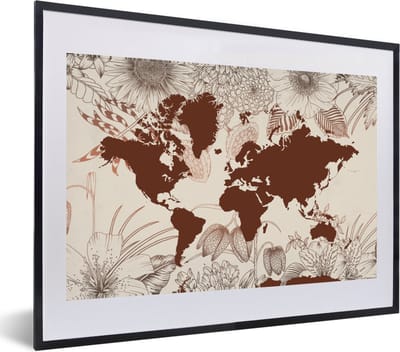 Poster in lijst - Fotolijst 60x40 cm - Posters - Wereldkaart - Bloemen - Rood - Posterlijst zwart - Decoratie - Wanddecoratie woonkamer - Muurdecoratie slaapkamer