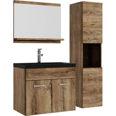 Badplaats Badkamermeubel Set Montreal 60 x 35 cm – Bruin Eiken – Badmeubel met Spiegel en Zijkast met Zwarte Wastafel